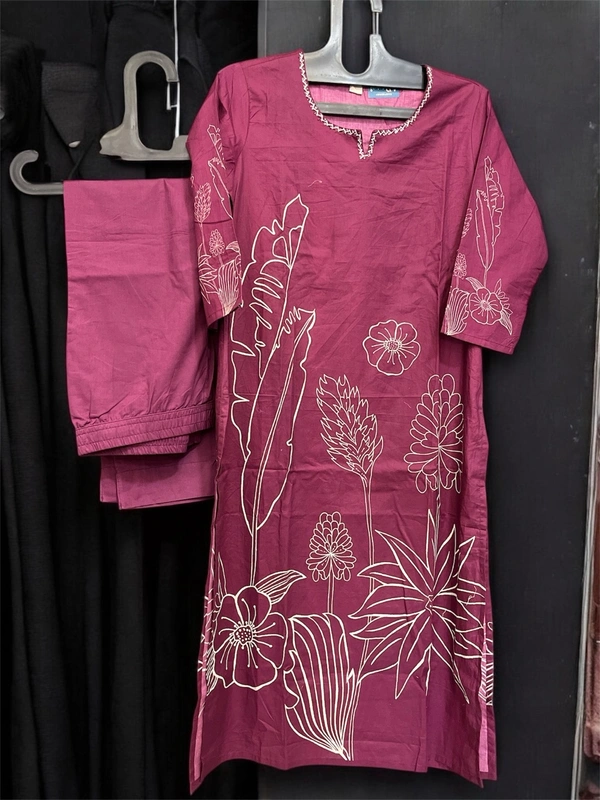 Raspberry Elegant Mulmul Cotton Suit Set with Dupatta - wine pink, XXL