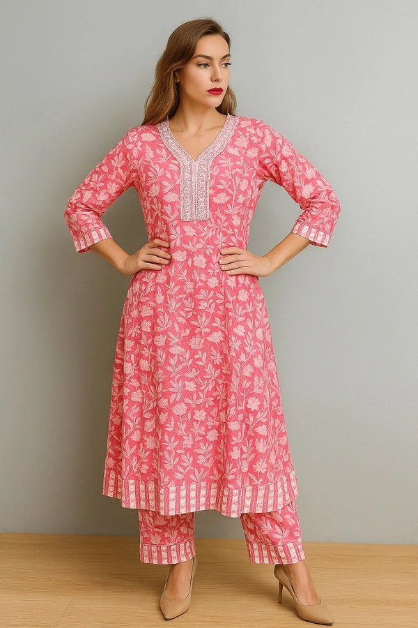 LAVEENA Cotton Suit with Dupatta (Pink Floral Set): - pink print, M