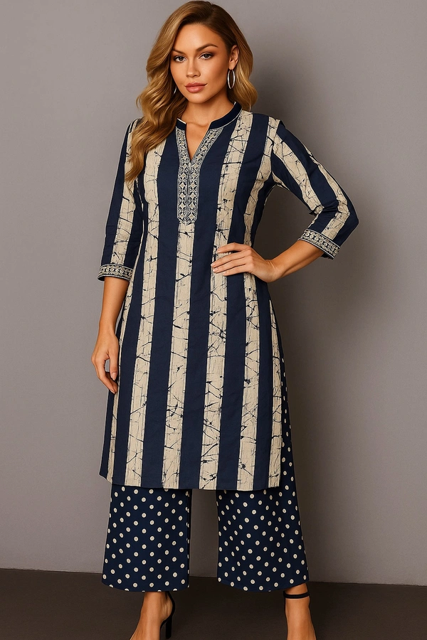 Raspberry Elegant Navy Blue Cotton Suit Set (Pant Style) - Navy blue, L
