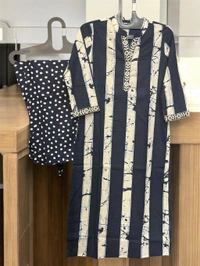 Raspberry Elegant Navy Blue Cotton Suit Set (Pant Style) - Navy blue, L