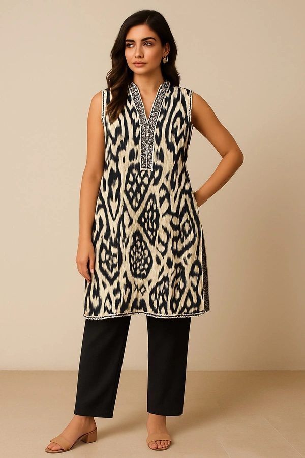 Raspberry Urban Ikat Sleeveless Kurti Set
 - L, black print
