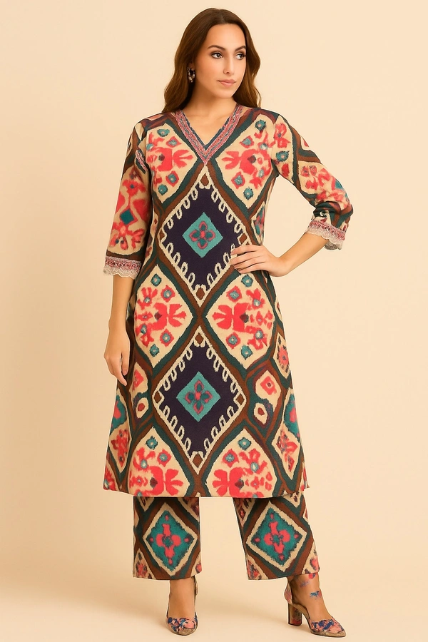 Raspberry Vibrant Ikat Mulmul Cotton Kurta Plazo Set - M, MULTI Brown
