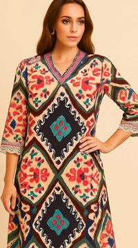 Raspberry Vibrant Ikat Mulmul Cotton Kurta Plazo Set - M, MULTI Brown