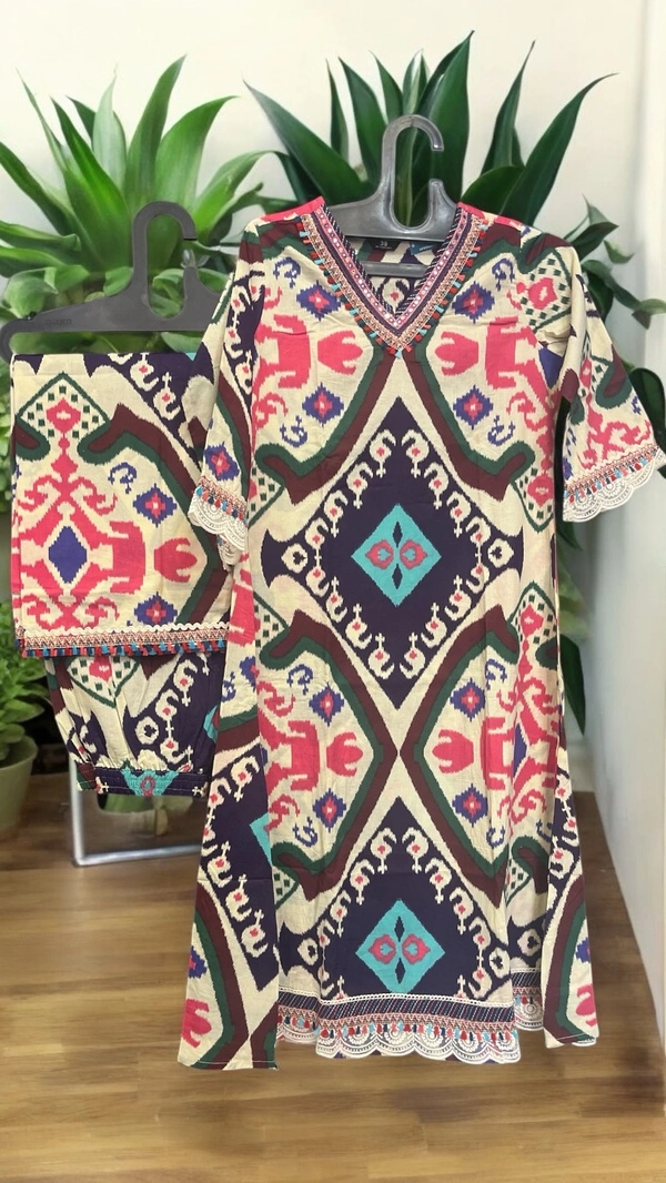 Raspberry Vibrant Ikat Mulmul Cotton Kurta Plazo Set - M, MULTI Brown
