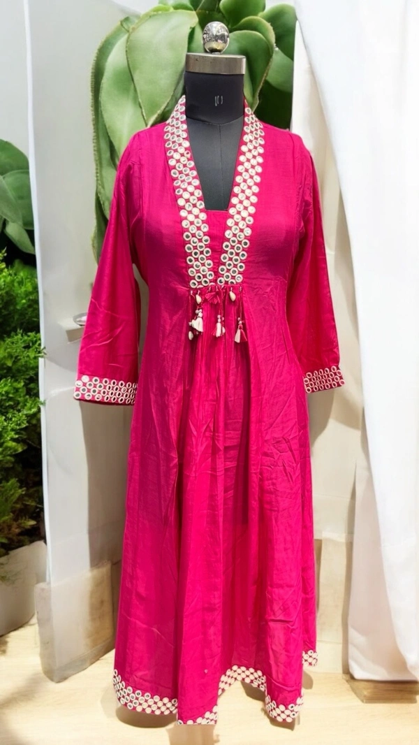 S4U Pink Pure Silk Kurta Set  - XL, Rani Pink