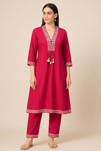S4U Pink Pure Silk Kurta Set  - XL, Rani Pink