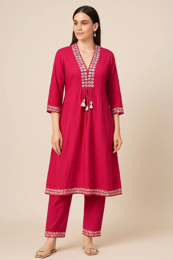 S4U Pink Pure Silk Kurta Set  - XL, Rani Pink