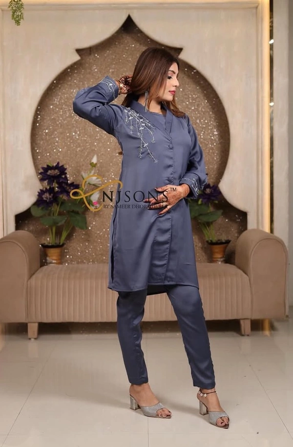 N J Sons Midnight Blue Elegance – Embroidered Satin Kurta Set - midnight blue, XL