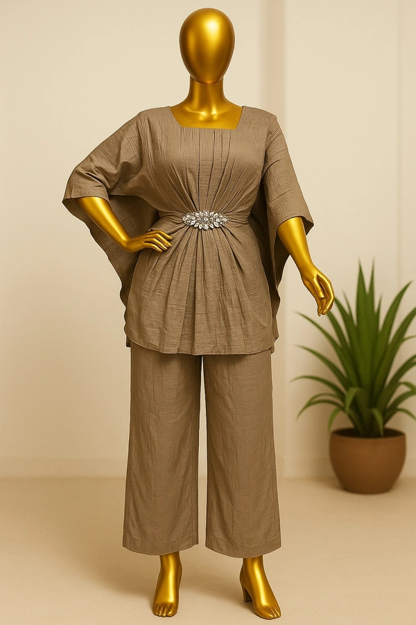 Korean Dusty Mauve Pleated Kaftan Coord Set - pestal pink, XXL
