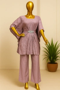 Korean Dusty Mauve Pleated Kaftan Coord Set - pestal pink, XXL