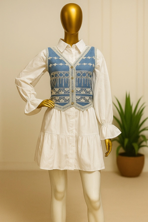 Poco Denim Lace Embroidered Shirt Dress - White, Free Size