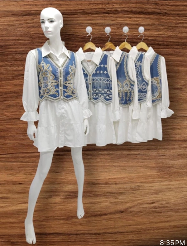 Poco Denim Lace Embroidered Shirt Dress - White, Free Size