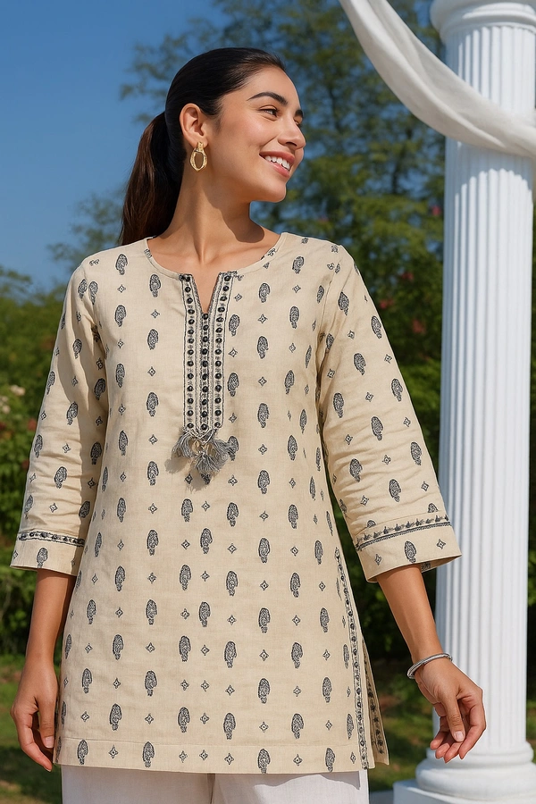 Raspberry Elegant Beige Paisley Short Kurti - off white, M