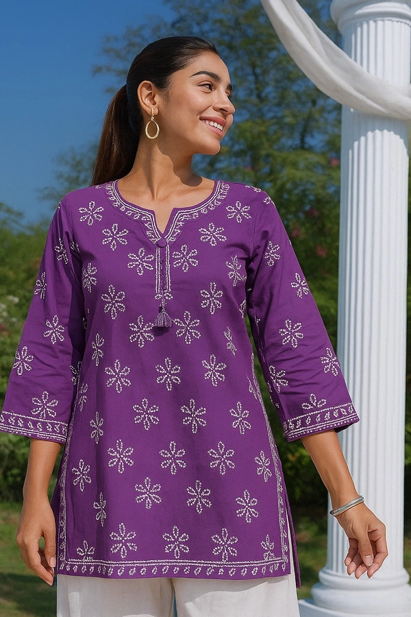 Raspberry Violet Blossom Cotton Kurti - Violet Eggplant, L