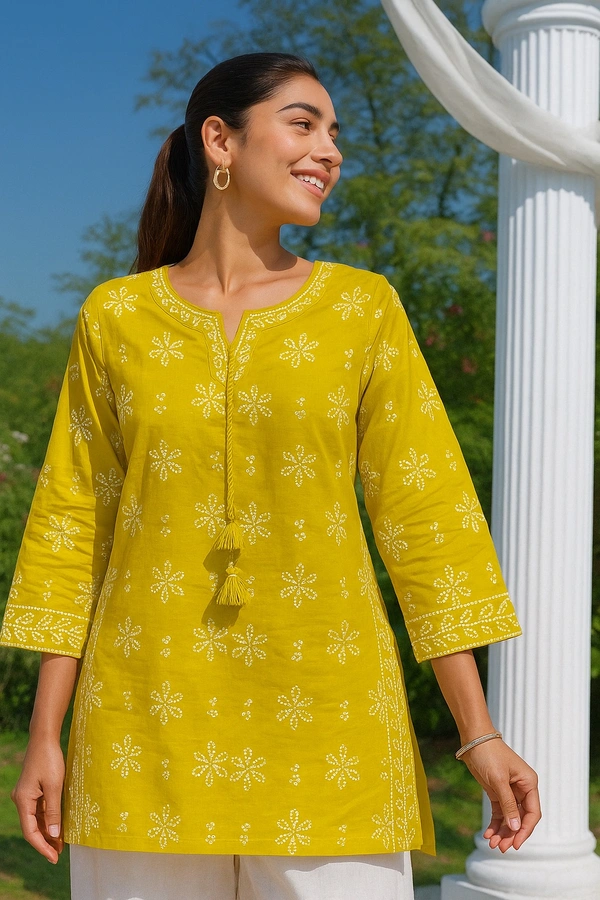 Raspberry Sunshine Bloom Cotton Kurti - Gold, XL