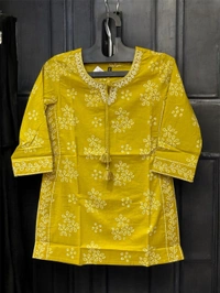 Raspberry Sunshine Bloom Cotton Kurti - Gold, XL
