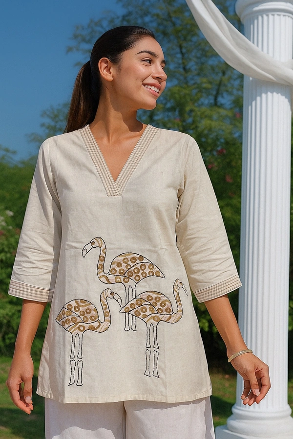 Raspberry Flamingo Beige Handcrafted Cotton Kurti - Albescent White, M