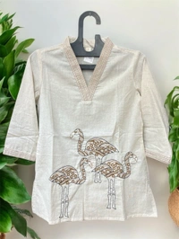 Raspberry Flamingo Beige Handcrafted Cotton Kurti - Albescent White, M