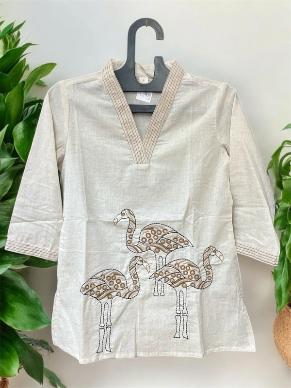 Raspberry Flamingo Beige Handcrafted Cotton Kurti - Albescent White, M