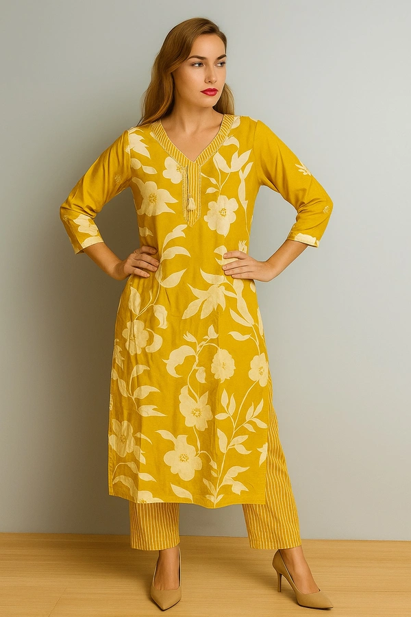 Raspberry  Sunshine Bloom Riyan Cotton Kurta Set - yellow, L