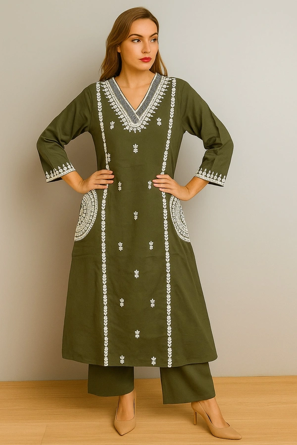Raspberry  Olive Green Embroidered Cotton Kurta Set - Olive, XXL