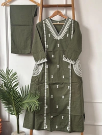 Raspberry  Olive Green Embroidered Cotton Kurta Set - Olive, XXL
