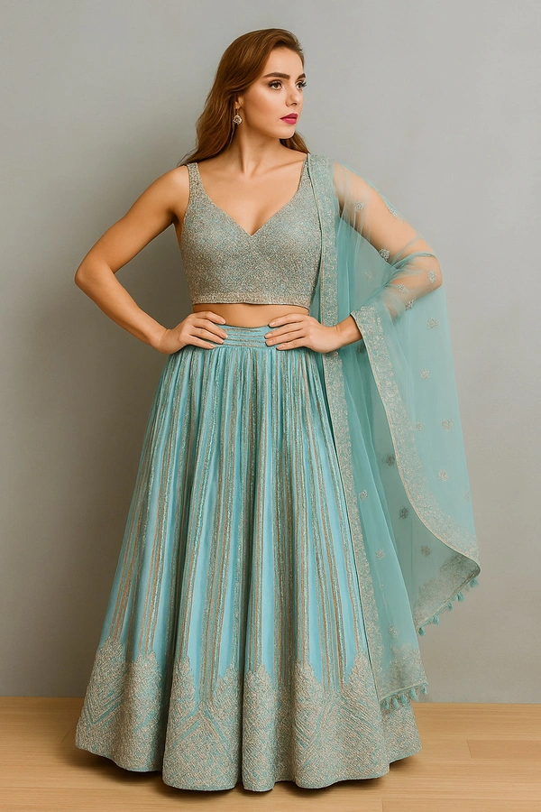 Raspberry  Aqua Radiance Embroidered Lehenga Set - Aqua blue, Free Size