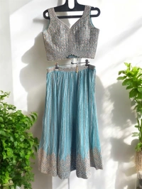 Raspberry  Aqua Radiance Embroidered Lehenga Set - Aqua blue, Free Size