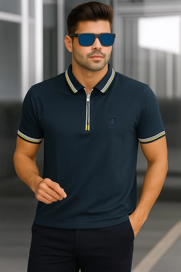 Stride Dark Teal Zipper Collar Polo T-Shirt - Eden, M