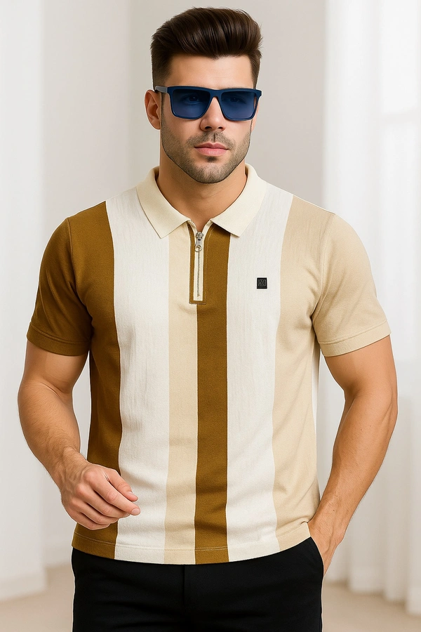 Stride Vintage Zip Polo – Earth Tone Vertical Stripes - Off white, XL