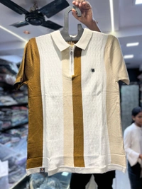 Stride Vintage Zip Polo – Earth Tone Vertical Stripes - Off white, XL