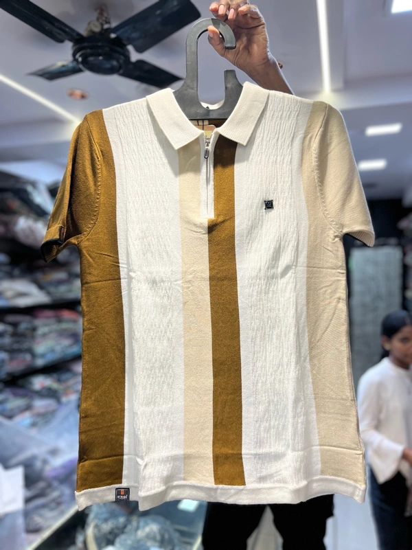Stride Vintage Zip Polo – Earth Tone Vertical Stripes - Off white, XL
