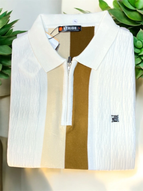 Stride Vintage Zip Polo – Earth Tone Vertical Stripes - Off white, XL