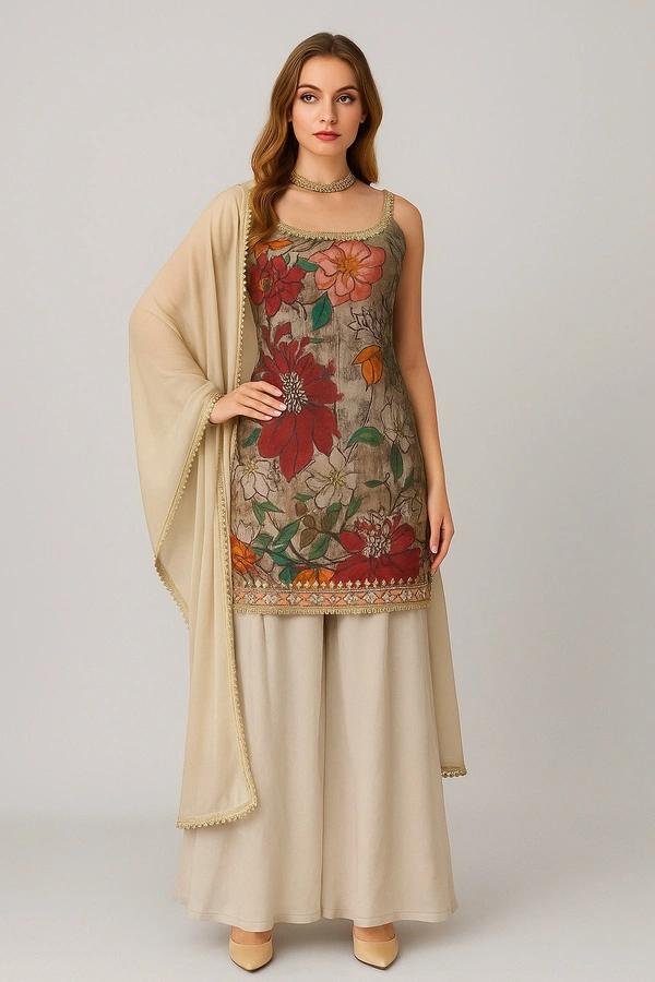 Raspberry Floral Elegance Sharara Set - Indian Khaki, XL