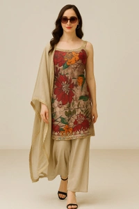 Raspberry Floral Elegance Sharara Set - Indian Khaki, XL