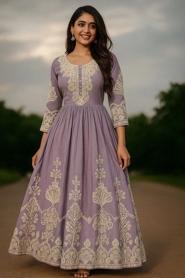S4U Lavender Shine Chinon Anarkali with Elegant Chikankari Embroidery - Lavender, L