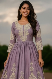 S4U Lavender Shine Chinon Anarkali with Elegant Chikankari Embroidery - Lavender, L