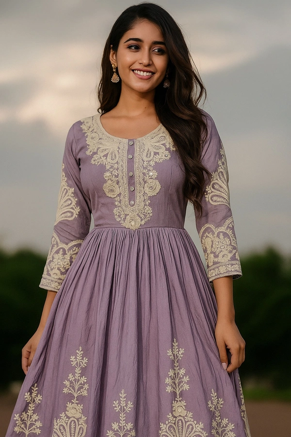S4U Lavender Shine Chinon Anarkali with Elegant Chikankari Embroidery - Lavender, L