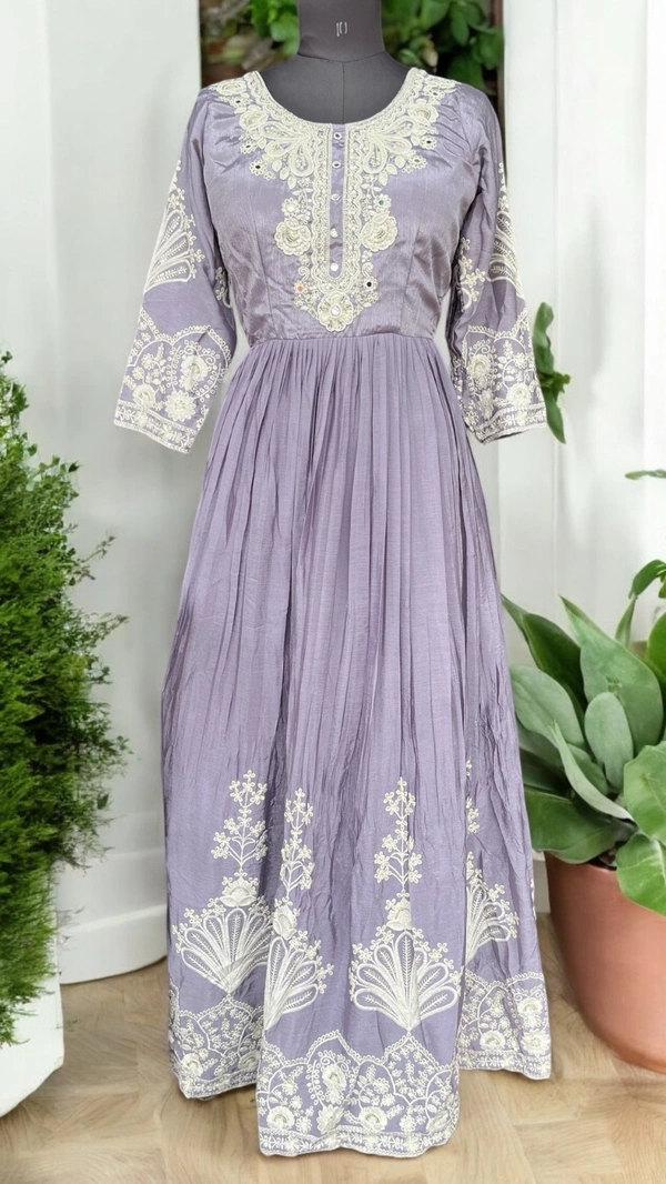 S4U Lavender Shine Chinon Anarkali with Elegant Chikankari Embroidery - Lavender, L