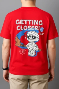 Imported Red Oversized Cartoon Mummy Graphic Tee – ‘Getting Closer!’ Edition”
 - Red, L Oversize