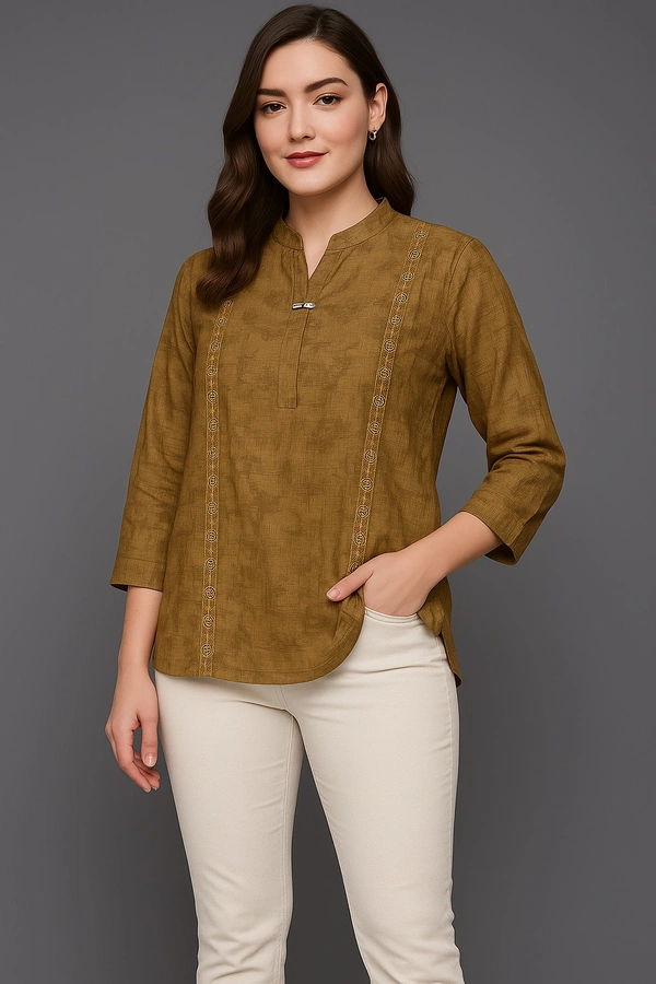 Meow  Elegant Korean-Style Mustard Textured Top - Rusty Nail, L
