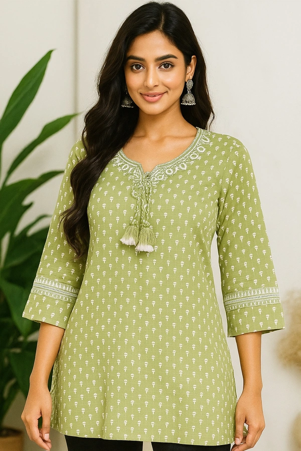 Raspberry  Olive Green Handcrafted Embroidered Cotton Short Kurti - Eagle, XL