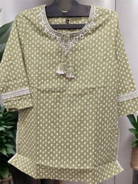 Raspberry  Olive Green Handcrafted Embroidered Cotton Short Kurti - Eagle, XL