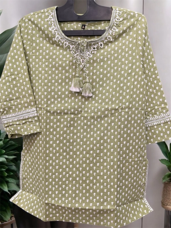 Raspberry  Olive Green Handcrafted Embroidered Cotton Short Kurti - Eagle, XL