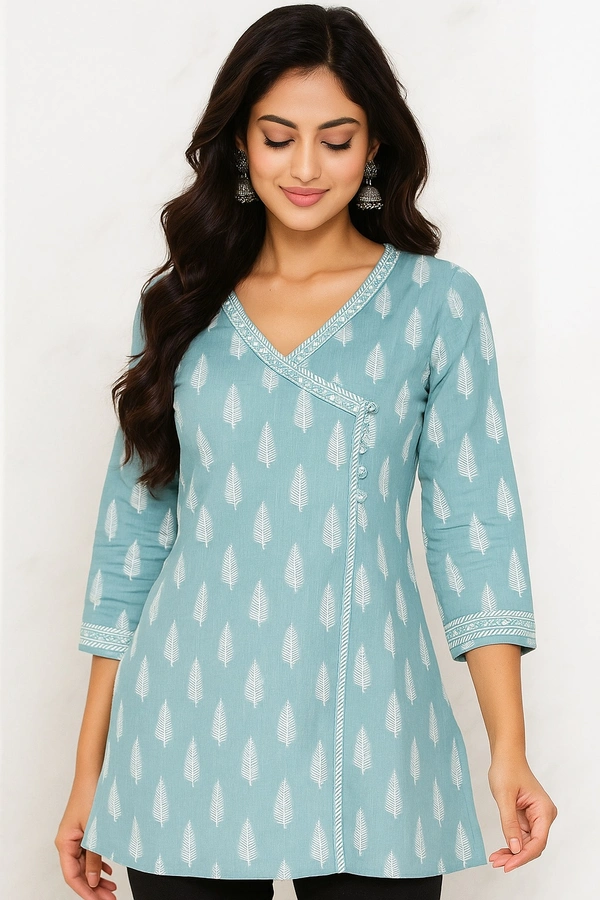 Raspberry  Sky Blue Cotton Printed Angrakha Style Short Kurti - Aqua blue, M