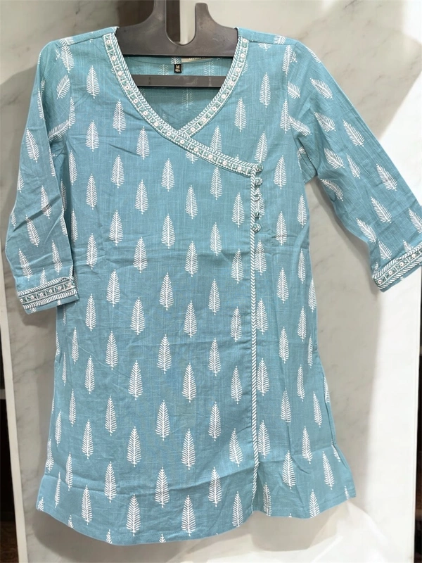Raspberry  Sky Blue Cotton Printed Angrakha Style Short Kurti - Aqua blue, M