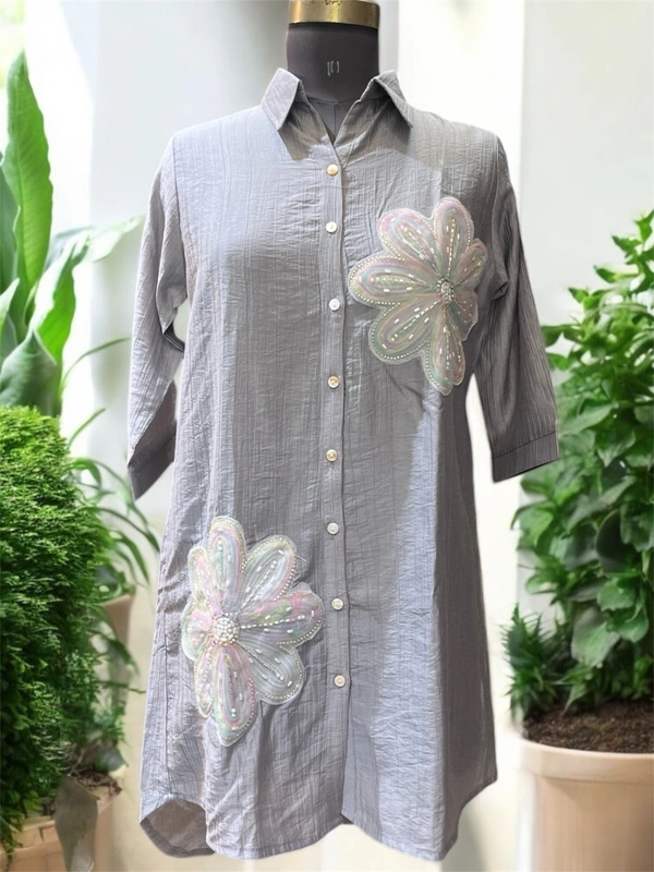 Tattoo Pastel Floral Embroidered Grey Shirt Tunic (Knee-Length) – Size L - Alto, L