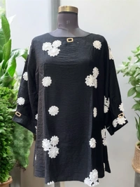 Korean Black Floral Embroidered A-Line Tunic (5XL Size) - Black, 5XL