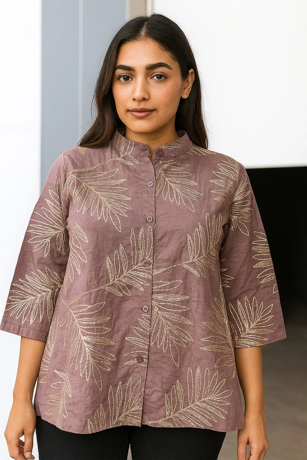 Poco Mauve Metallic Leaf Embroidered Shirt Top (Size: XXL) - Black, XXL