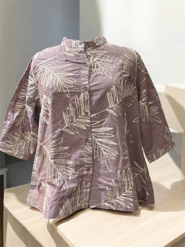 Poco Mauve Metallic Leaf Embroidered Shirt Top (Size: XXL) - Black, XXL